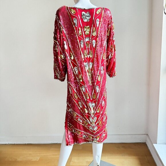 Vintage Red Silk Beaded Embroidered Long Sleeve Sheath Dress S/M - Picture 11 of 13